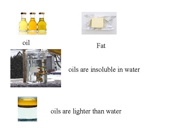 oil Fat oils are insoluble in water oils are lighter than water 