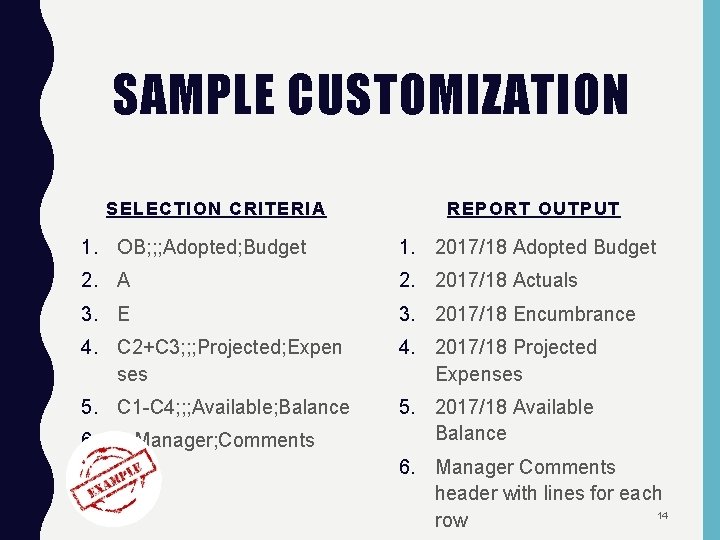 SAMPLE CUSTOMIZATION SELECTION CRITERIA REPORT OUTPUT 1. OB; ; ; Adopted; Budget 1. 2017/18