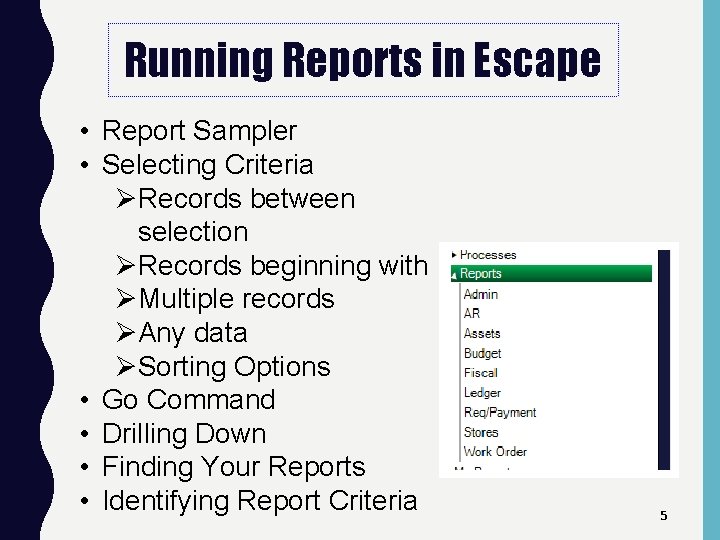 Running Reports in Escape • Report Sampler • Selecting Criteria ØRecords between selection ØRecords