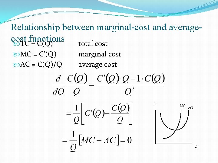 Relationship between marginal-cost and averagecost functions TC = C(Q) total cost MC = C'(Q)