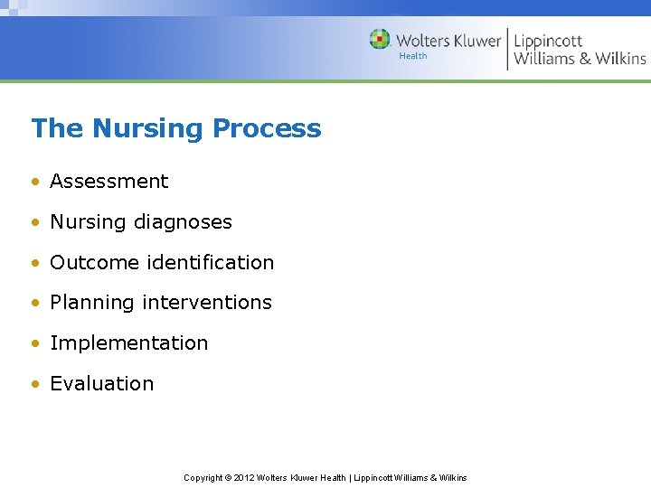 The Nursing Process • Assessment • Nursing diagnoses • Outcome identification • Planning interventions The Nursing Process • Assessment • Nursing diagnoses • Outcome identification • Planning interventions