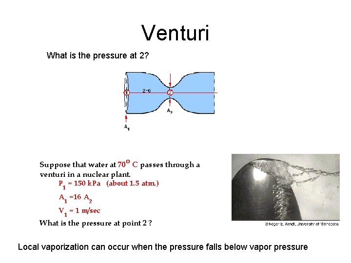 Venturi What is the pressure at 2? Local vaporization can occur when the pressure