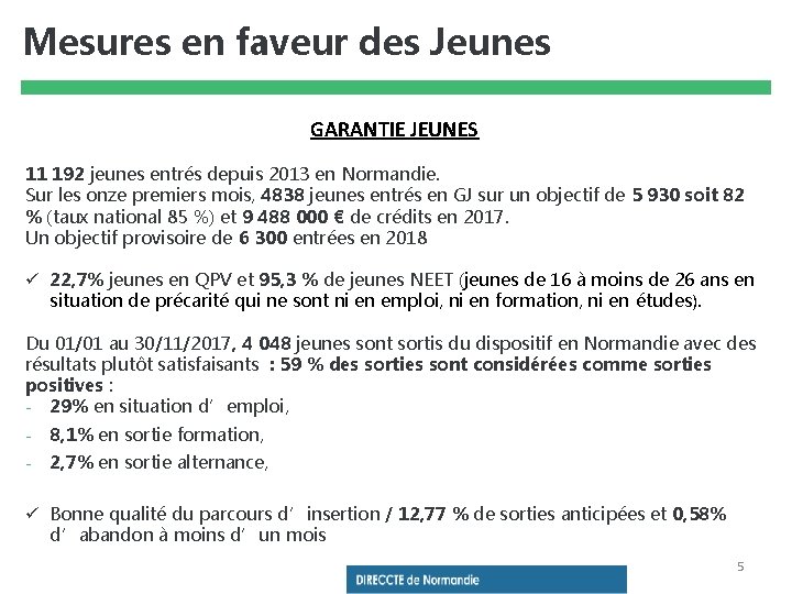 Mesures en faveur des Jeunes GARANTIE JEUNES 11 192 jeunes entrés depuis 2013 en