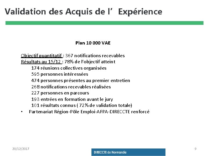 Validation des Acquis de l’Expérience Plan 10 000 VAE Objectif quantitatif : 367 notifications