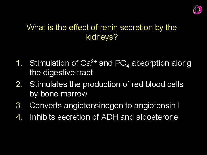 What is the effect of renin secretion by the kidneys? 1. Stimulation of Ca What is the effect of renin secretion by the kidneys? 1. Stimulation of Ca
