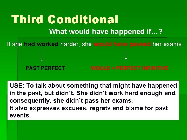 Third Conditional What would have happened if…? If she had worked harder, she would