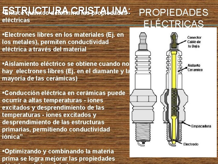 ESTRUCTURA CRISTALINA: • Enlace químico determina las propiedades PROPIEDADES eléctricas ELÉCTRICAS • Electrones libres