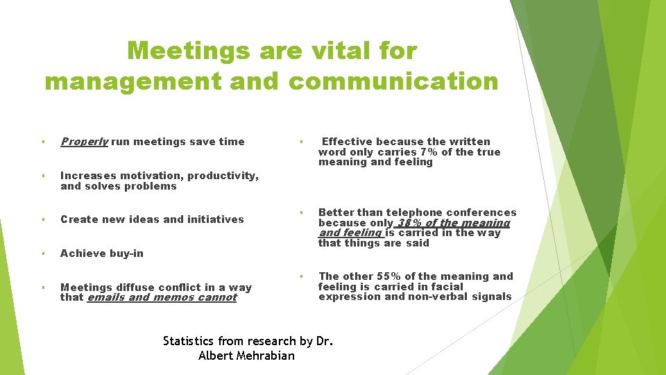 Meetings are vital for management and communication § Properly run meetings save time §