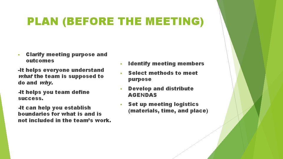 PLAN (BEFORE THE MEETING) § Clarify meeting purpose and outcomes § Identify meeting members