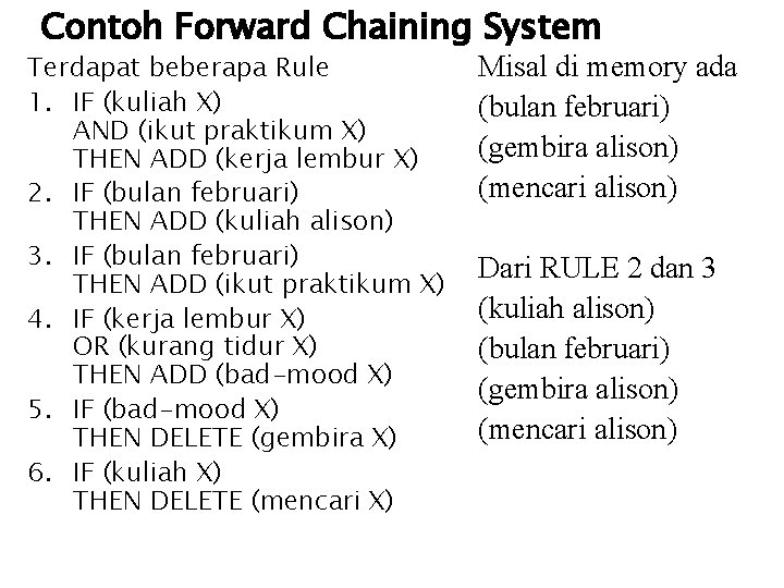 Contoh Forward Chaining System Terdapat beberapa Rule 1. IF (kuliah X) AND (ikut praktikum