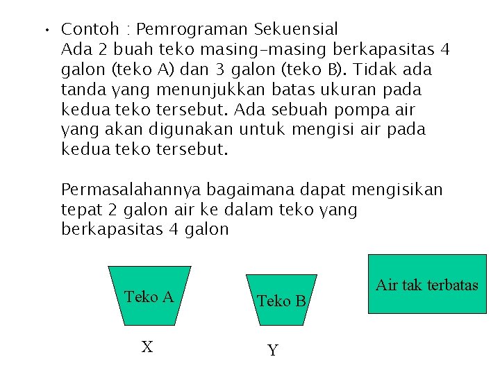  • Contoh : Pemrograman Sekuensial Ada 2 buah teko masing-masing berkapasitas 4 galon