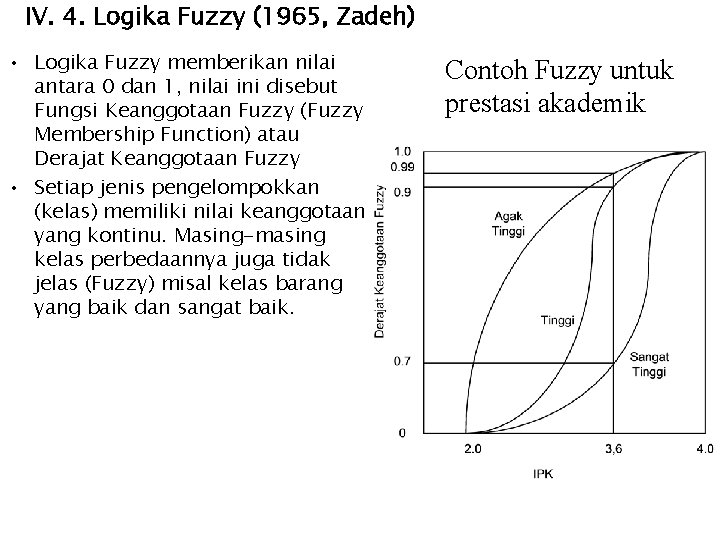 IV. 4. Logika Fuzzy (1965, Zadeh) • Logika Fuzzy memberikan nilai antara 0 dan