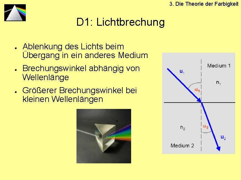 3. Die Theorie der Farbigkeit D 1: Lichtbrechung ● ● ● Ablenkung des Lichts