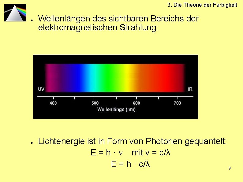 3. Die Theorie der Farbigkeit ● ● Wellenlängen des sichtbaren Bereichs der elektromagnetischen Strahlung: