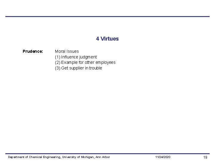 4 Virtues Prudence: Moral Issues (1) Influence judgment (2) Example for other employees (3)