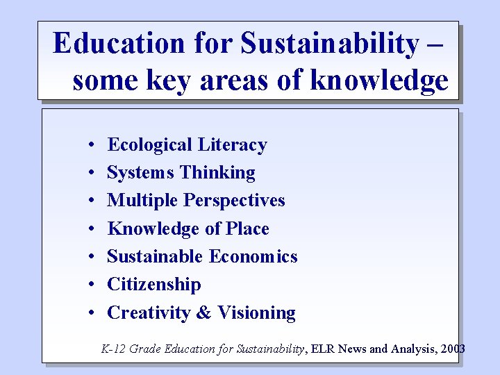 Education for Sustainability – some key areas of knowledge • • Ecological Literacy Systems