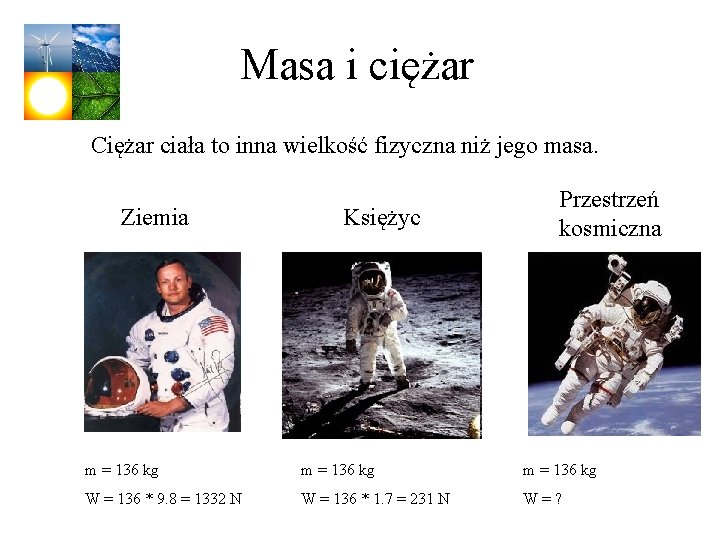 Masa i ciężar Ciężar ciała to inna wielkość fizyczna niż jego masa. Ziemia Księżyc