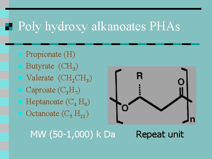 Poly hydroxy alkanoates PHAs n n n Propionate (H) Butyrate (CH 3) Valerate (CH Poly hydroxy alkanoates PHAs n n n Propionate (H) Butyrate (CH 3) Valerate (CH