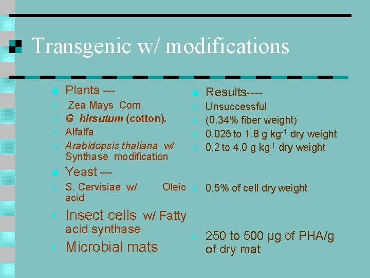 Transgenic w/ modifications n Plants --- v Zea Mays Corn G hirsutum (cotton). Alfalfa Transgenic w/ modifications n Plants --- v Zea Mays Corn G hirsutum (cotton). Alfalfa