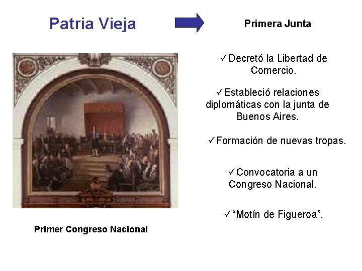 Patria Vieja Primera Junta üDecretó la Libertad de Comercio. üEstableció relaciones diplomáticas con la