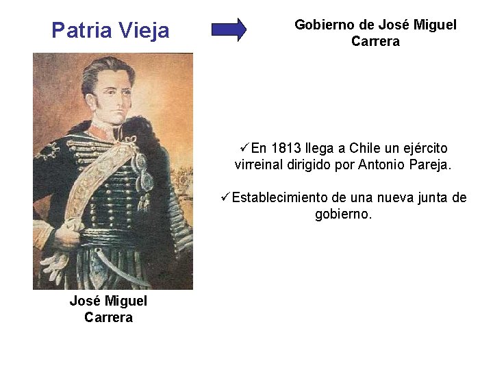 Patria Vieja Gobierno de José Miguel Carrera üEn 1813 llega a Chile un ejército