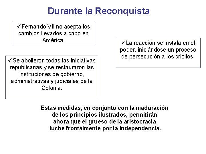 Durante la Reconquista üFernando VII no acepta los cambios llevados a cabo en América.