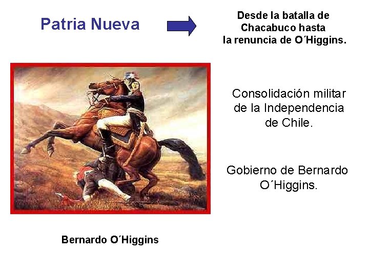 Patria Nueva Desde la batalla de Chacabuco hasta la renuncia de O´Higgins. Consolidación militar