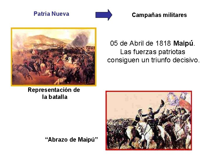 Patria Nueva Campañas militares 05 de Abril de 1818 Maipú. Las fuerzas patriotas consiguen