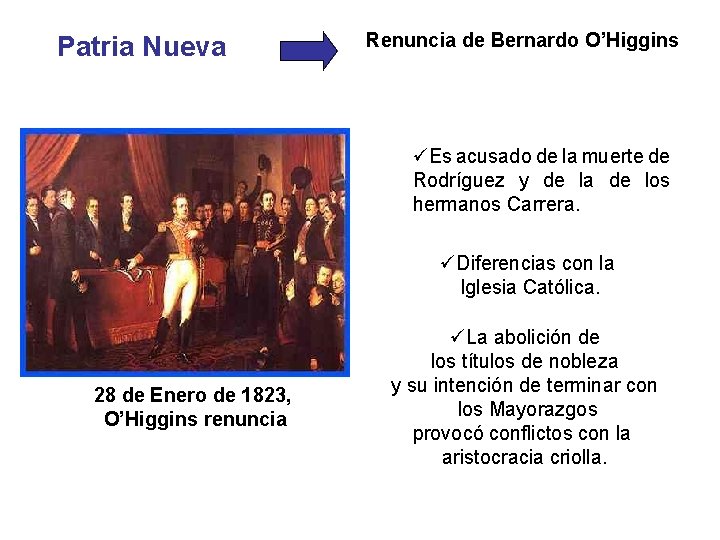 Patria Nueva Renuncia de Bernardo O’Higgins üEs acusado de la muerte de Rodríguez y