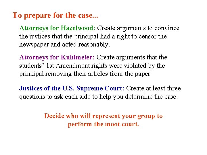 To prepare for the case. . . Attorneys for Hazelwood: Create arguments to convince To prepare for the case. . . Attorneys for Hazelwood: Create arguments to convince