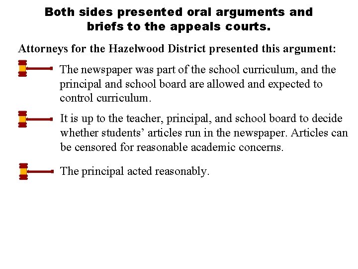Both sides presented oral arguments and briefs to the appeals courts. Attorneys for the Both sides presented oral arguments and briefs to the appeals courts. Attorneys for the