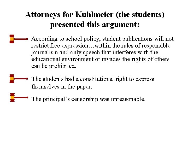 Attorneys for Kuhlmeier (the students) presented this argument: According to school policy, student publications Attorneys for Kuhlmeier (the students) presented this argument: According to school policy, student publications