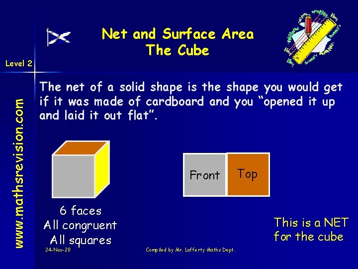 Net and Surface Area The Cube www. mathsrevision. com Level 2 The net of