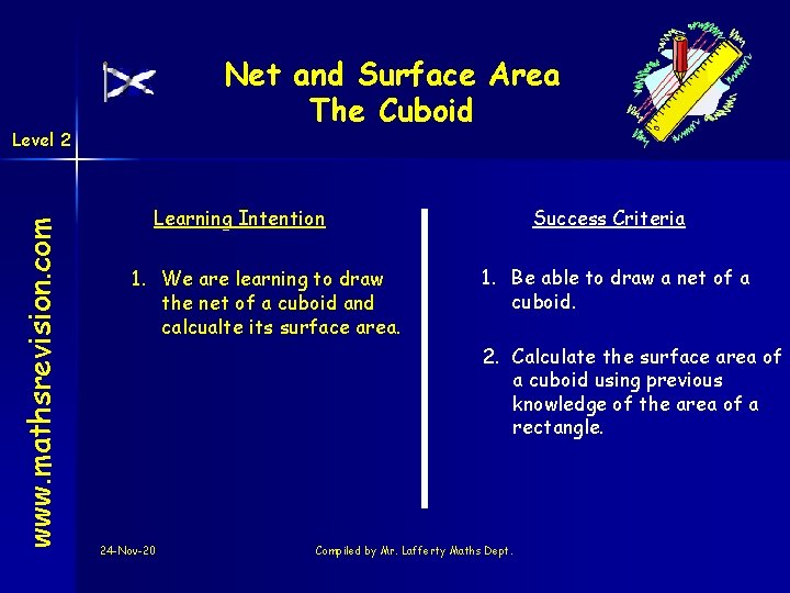 Net and Surface Area The Cuboid www. mathsrevision. com Level 2 Learning Intention 1.