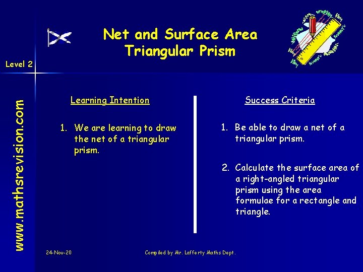 Net and Surface Area Triangular Prism www. mathsrevision. com Level 2 Learning Intention 1.