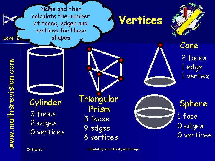 Name and then calculate the number of faces, edges and vertices for these shapes