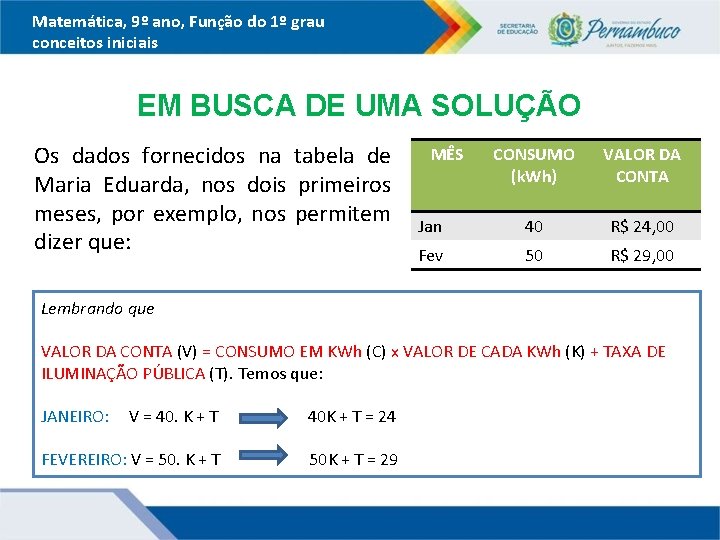 Matemática, 9º ano, Função do 1º grau conceitos iniciais EM BUSCA DE UMA SOLUÇÃO