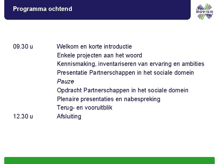 Programma ochtend 09. 30 u 12. 30 u Welkom en korte introductie Enkele projecten