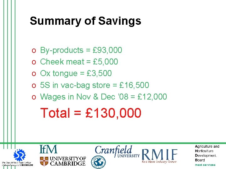 Summary of Savings o o o By-products = £ 93, 000 Cheek meat =