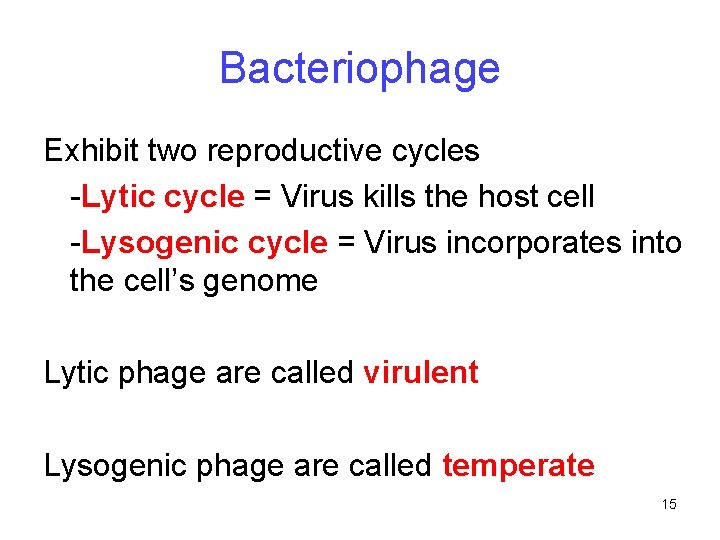 Bacteriophage Exhibit two reproductive cycles -Lytic cycle = Virus kills the host cell -Lysogenic