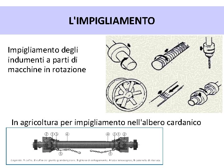 L'IMPIGLIAMENTO Impigliamento degli indumenti a parti di macchine in rotazione In agricoltura per impigliamento