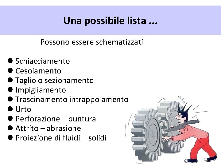 Una possibile lista. . . Possono essere schematizzati Schiacciamento Cesoiamento Taglio o sezionamento Impigliamento