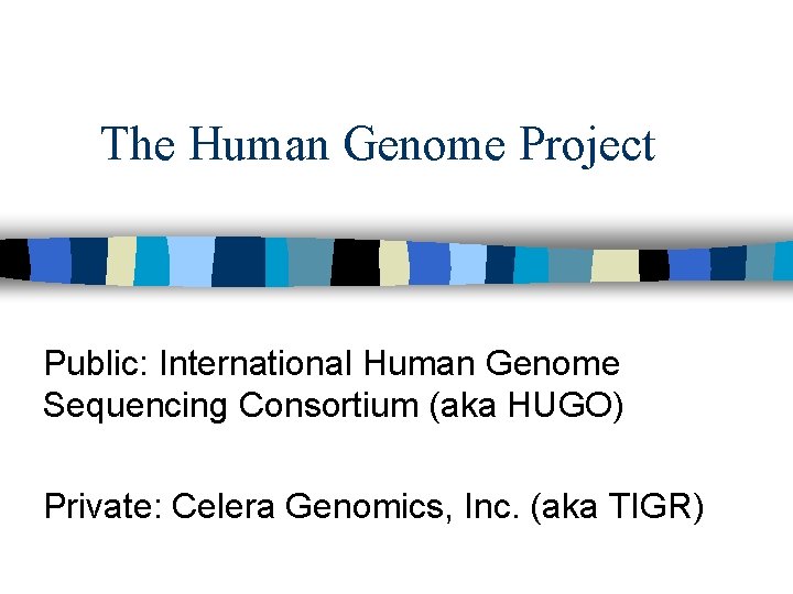 The Human Genome Project Public: International Human Genome Sequencing Consortium (aka HUGO) Private: Celera