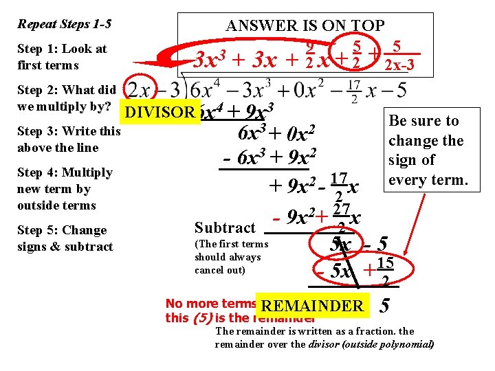 Repeat Steps 1 -5 Step 1: Look at first terms Step 2: What did