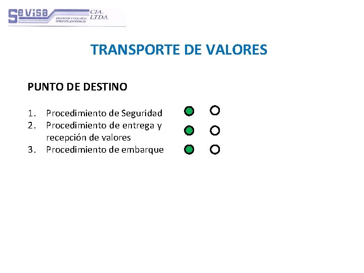 TRANSPORTE DE VALORES PUNTO DE DESTINO 1. Procedimiento de Seguridad 2. Procedimiento de entrega