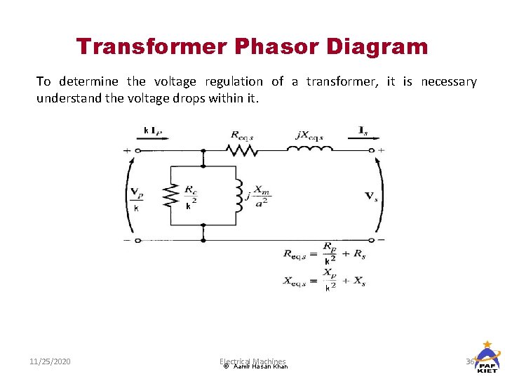 Transformer Phasor Diagram To determine the voltage regulation of a transformer, it is necessary