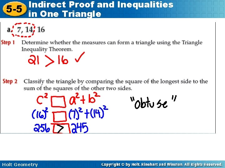 Indirect Proof and Inequalities 5 -5 in One Triangle Holt Geometry 