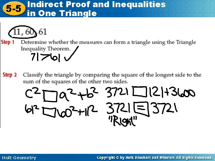 Indirect Proof and Inequalities 5 -5 in One Triangle Holt Geometry 