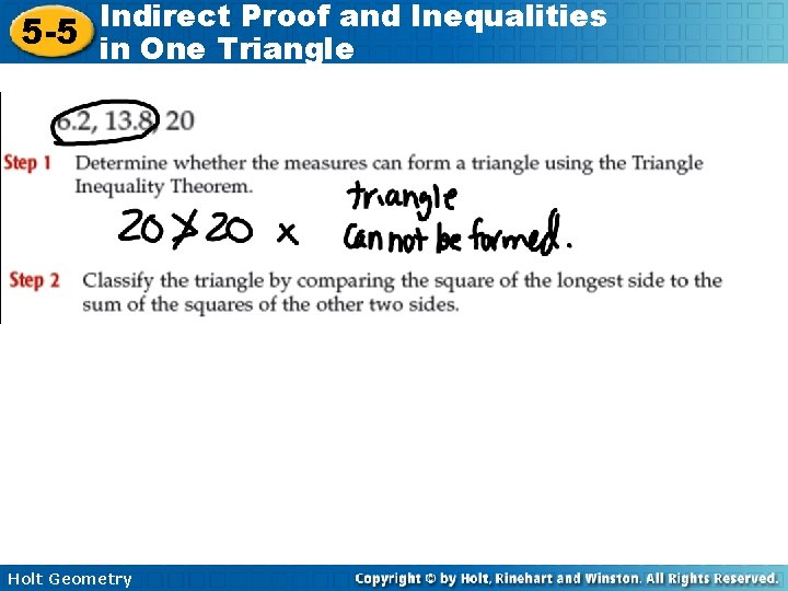 Indirect Proof and Inequalities 5 -5 in One Triangle Holt Geometry 