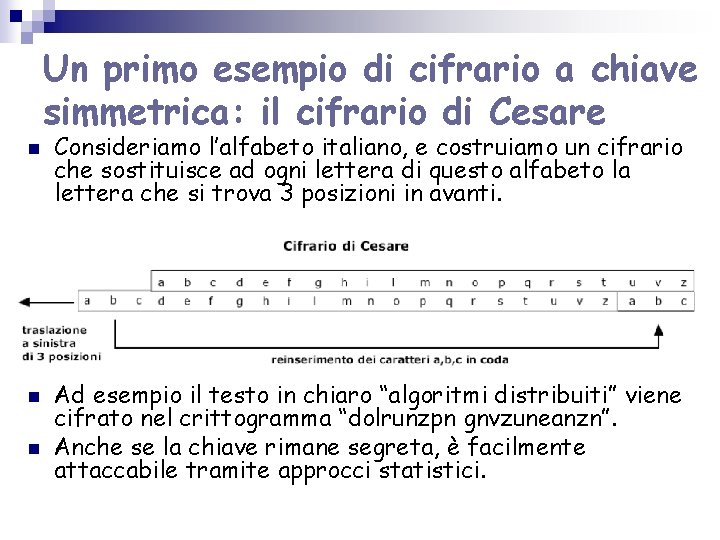 Un primo esempio di cifrario a chiave simmetrica: il cifrario di Cesare n n Un primo esempio di cifrario a chiave simmetrica: il cifrario di Cesare n n